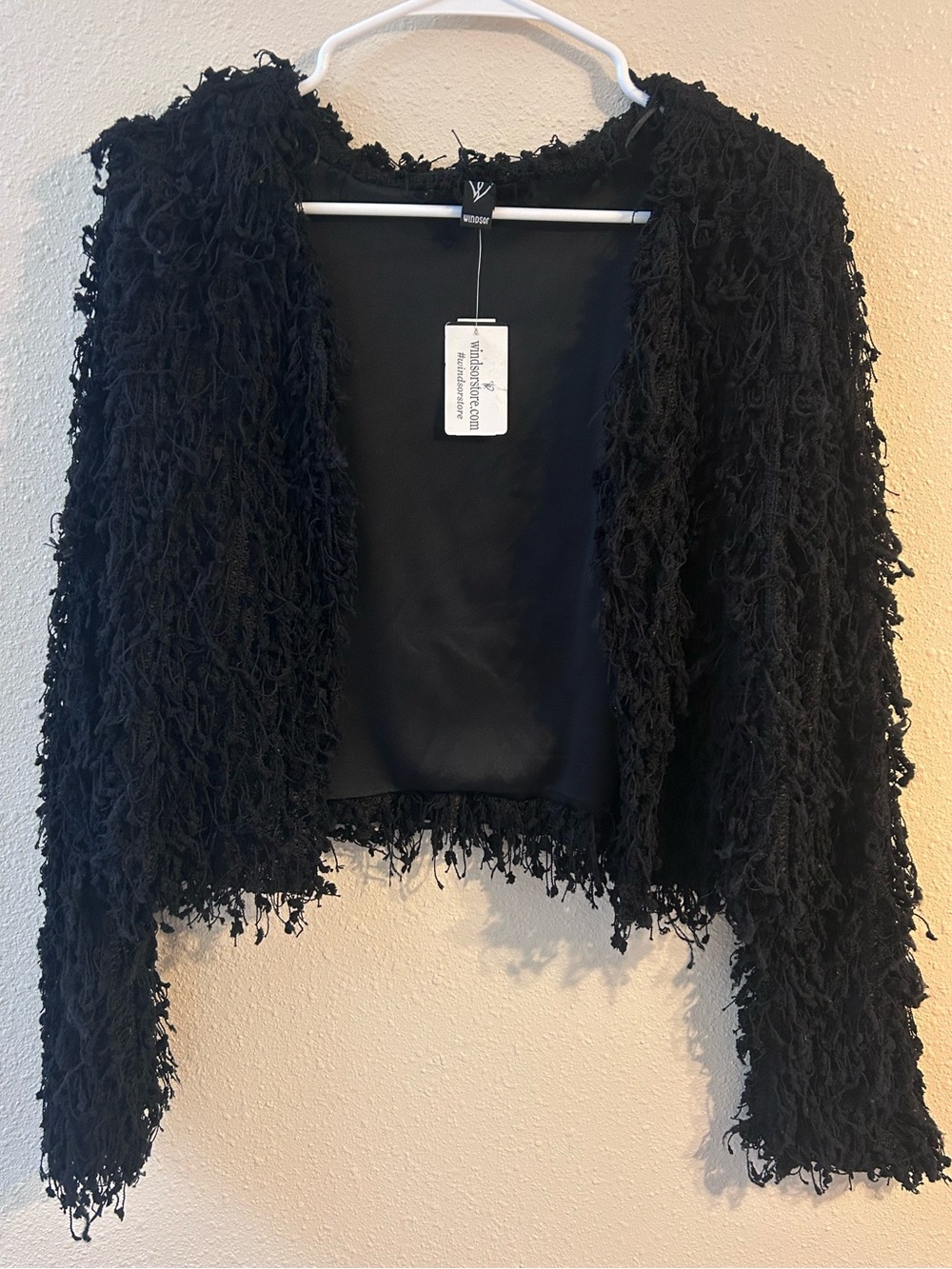 Windsor Black Shaggy Loop Fringe Knit Cardigan Crop Jacket Festival Rave S NWT
